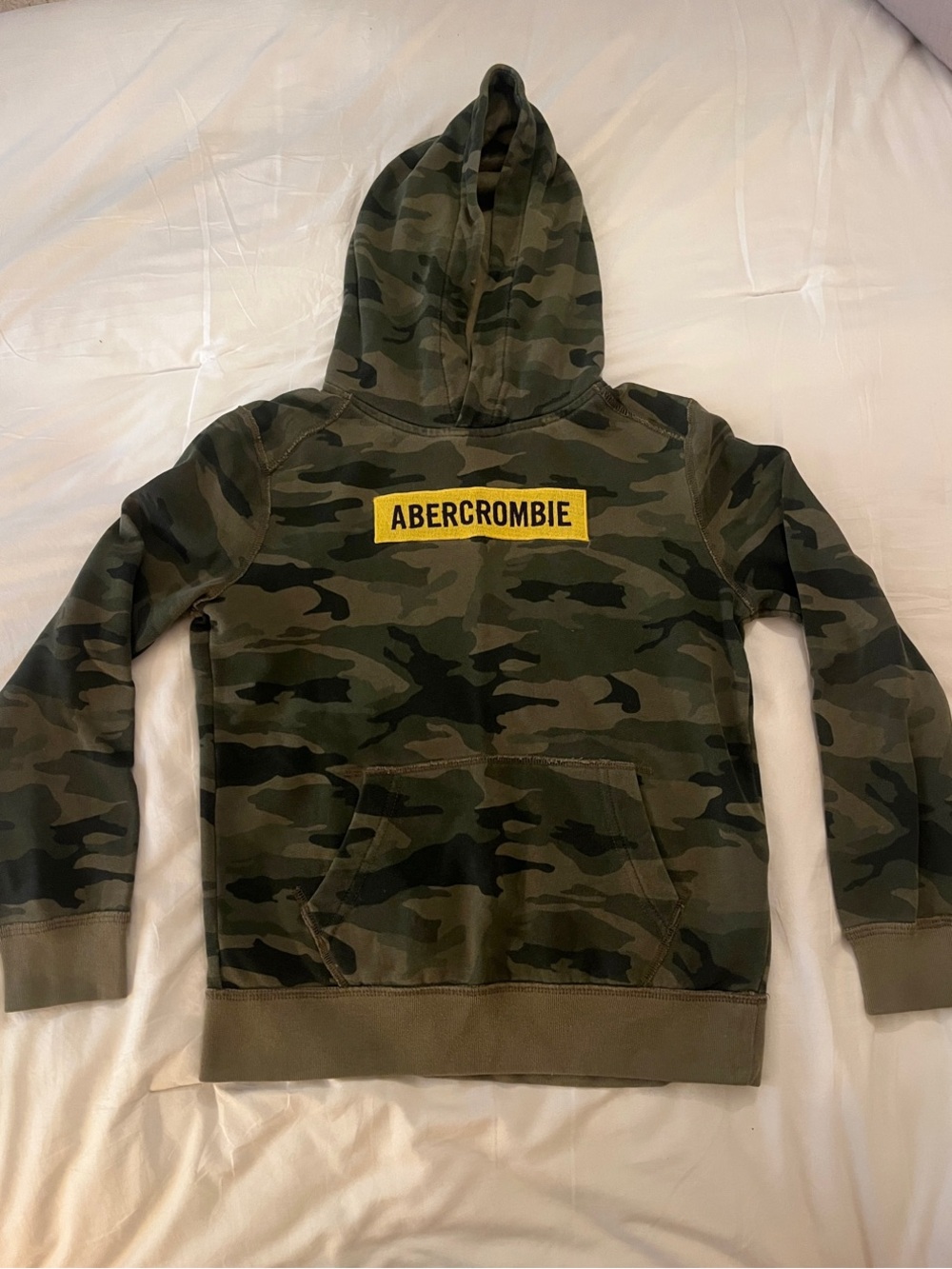 Abercrombie Kids Camouflage Crewneck Hoodie - Olive Green with Yellow Logo. 9/10